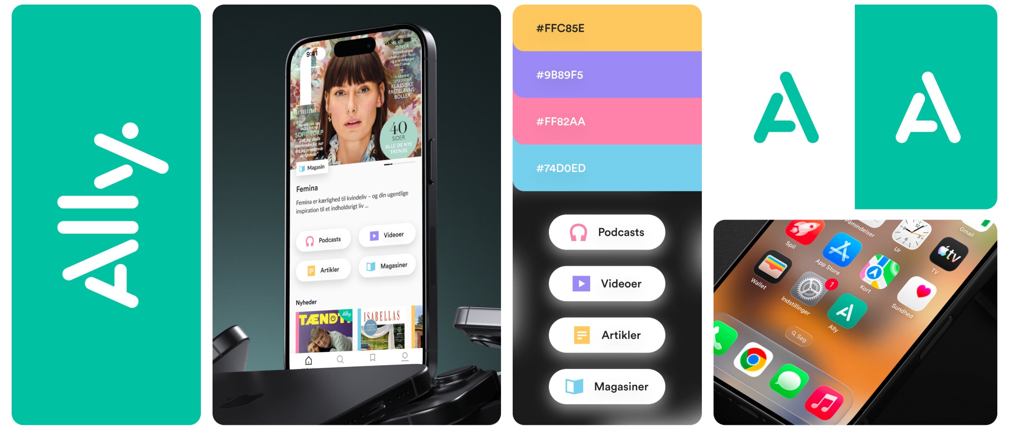 Ally brand system: wordmark, app screens, color tokens, format buttons and app icon