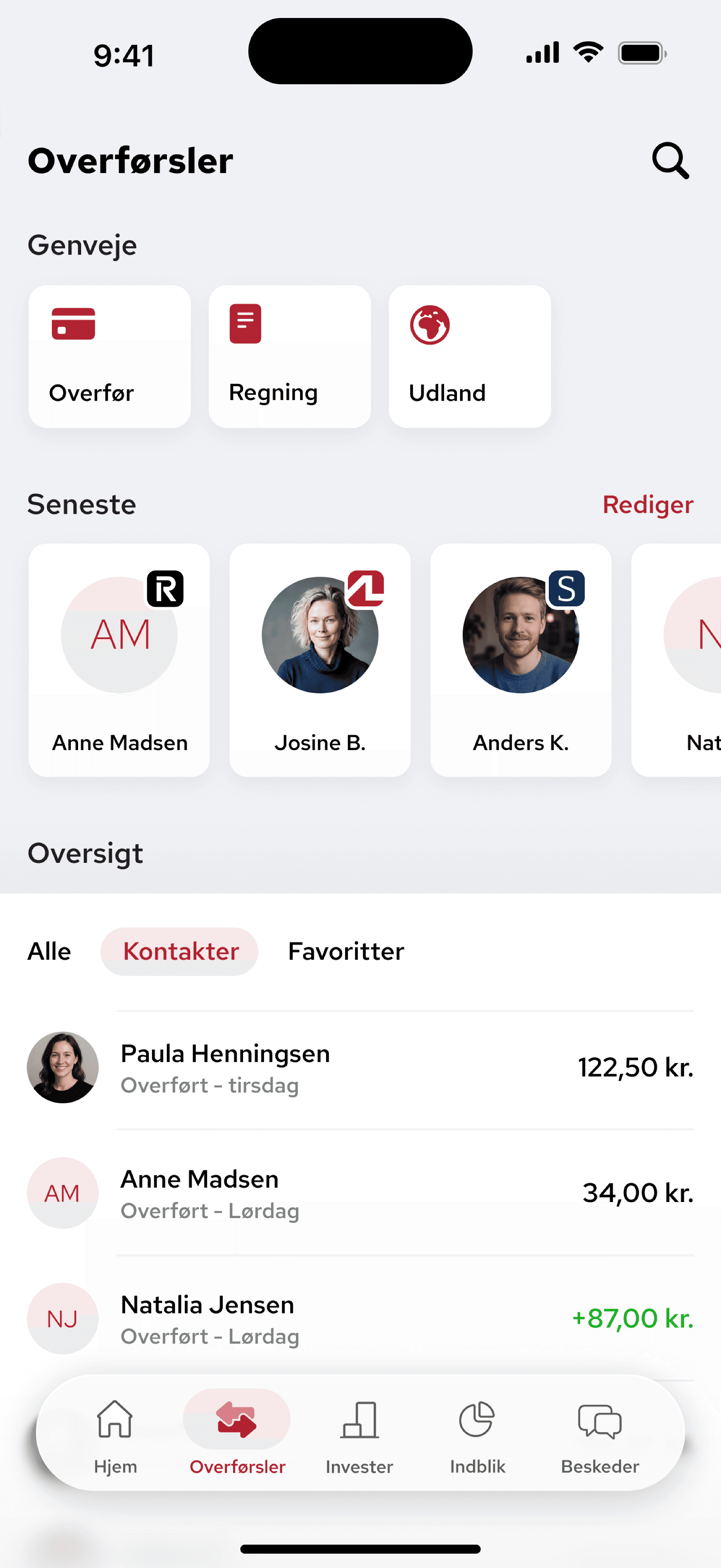 Transfer screen with shortcuts, recent recipients and transaction list