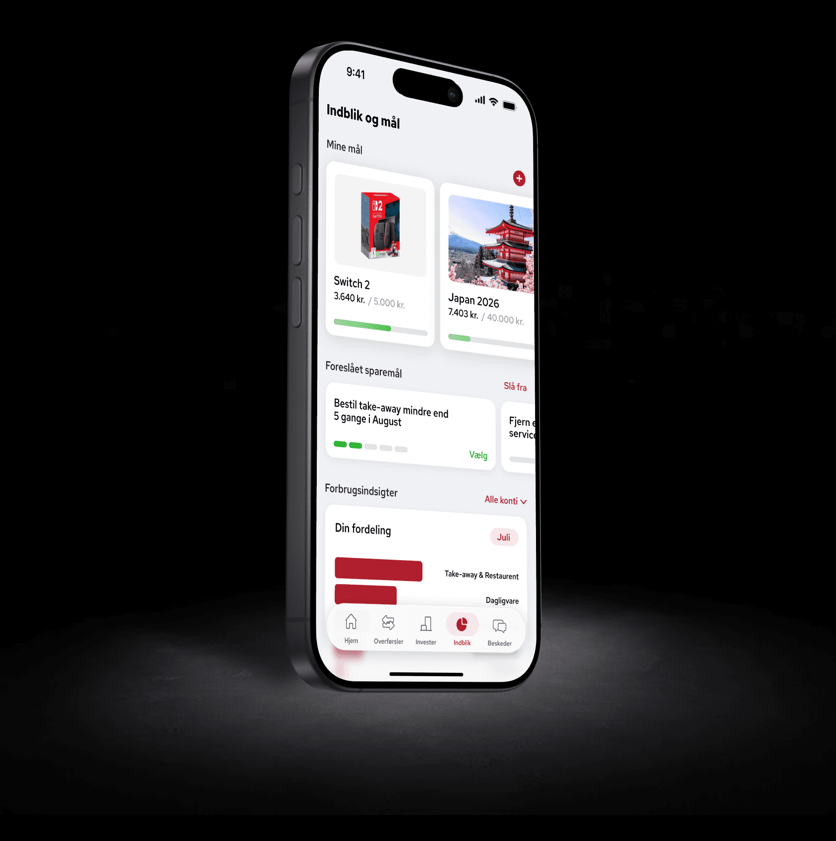 Angled phone showing a goals-focused banking home
