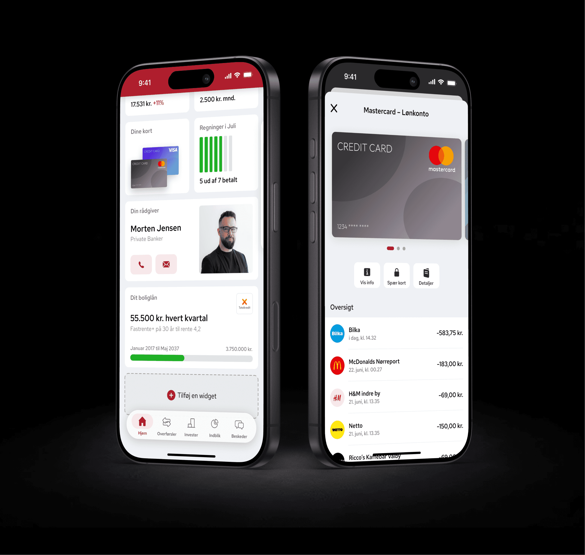 Two phones showing overview and card detail flows