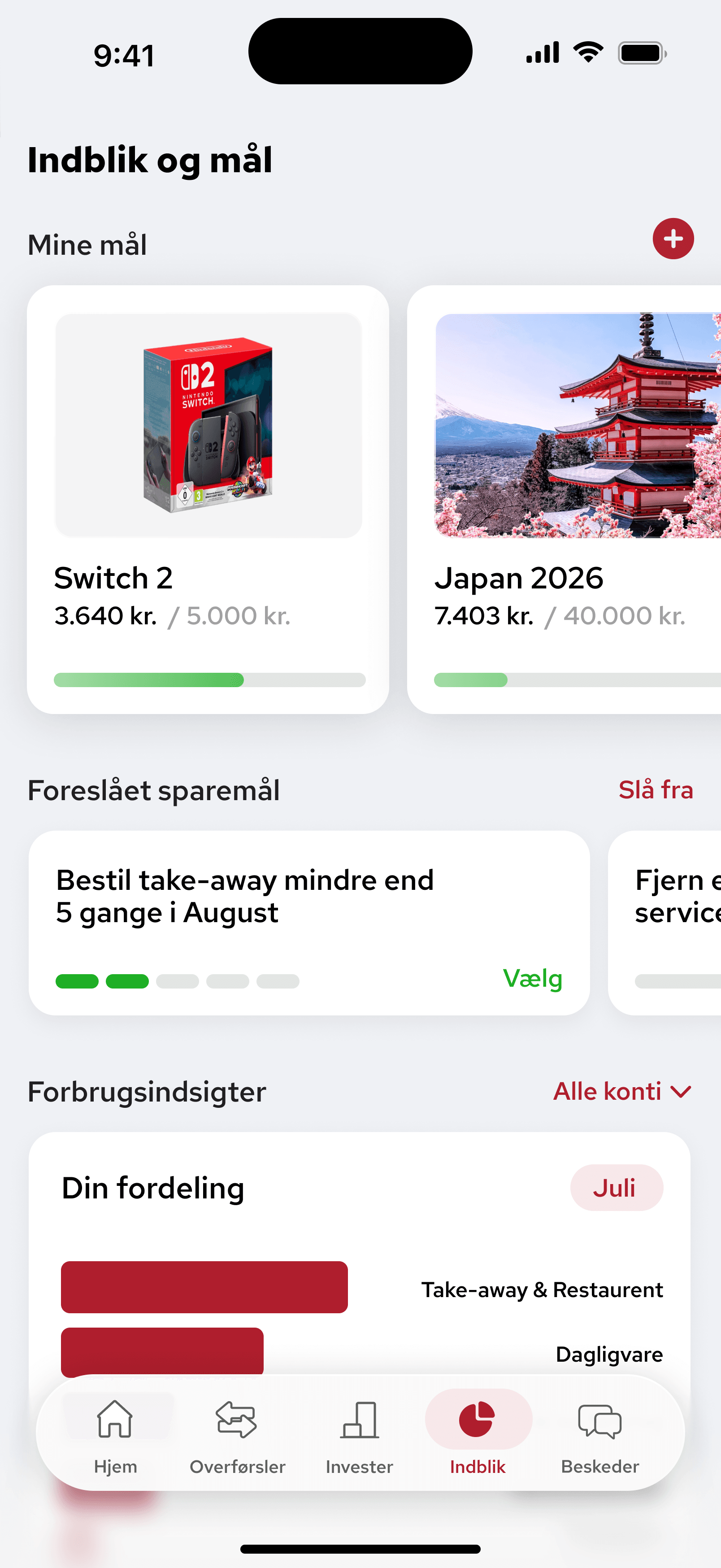 Goals screen with savings targets and spending insights