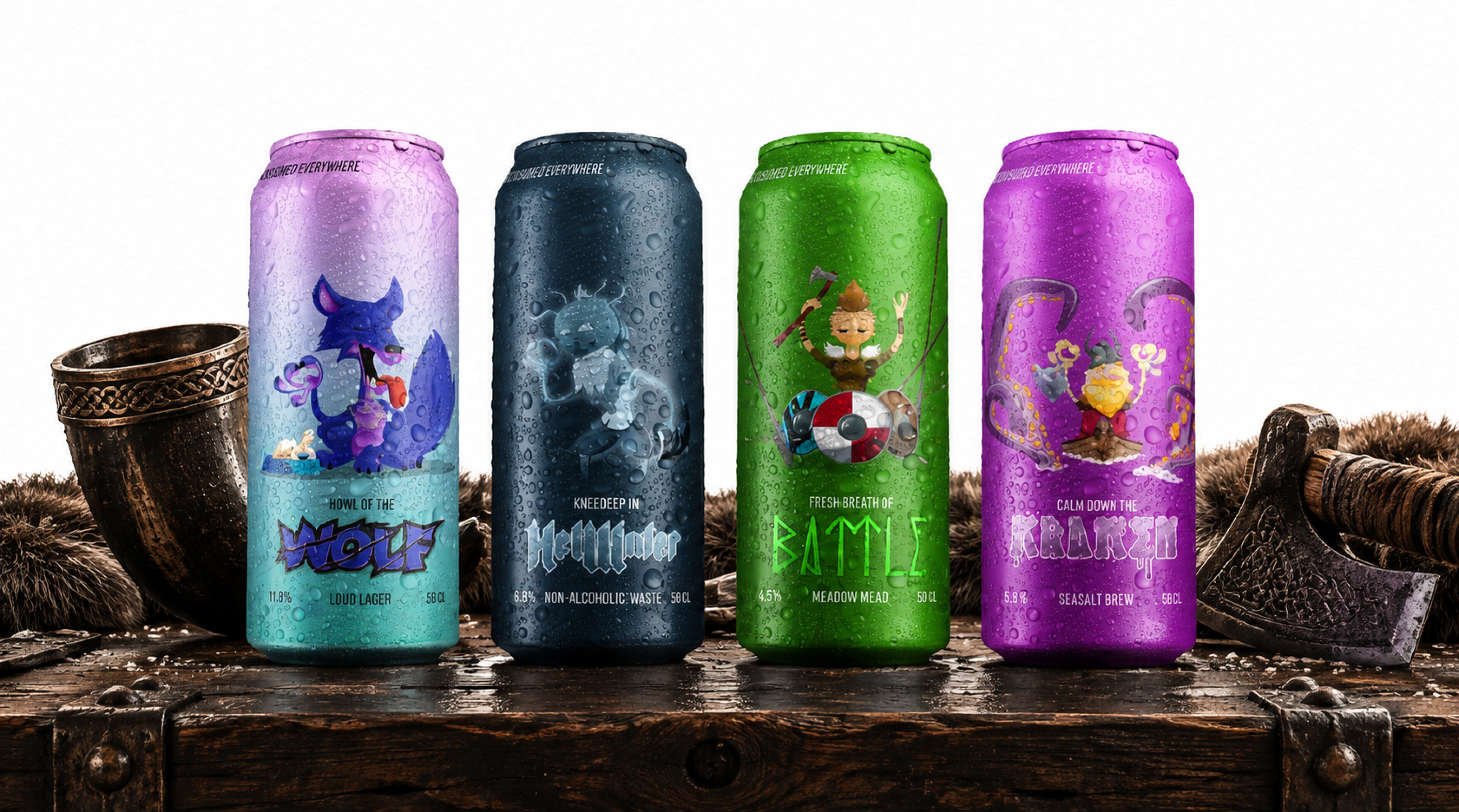 All four Kvasir cans lined up on a wooden chest with a drinking horn and axe