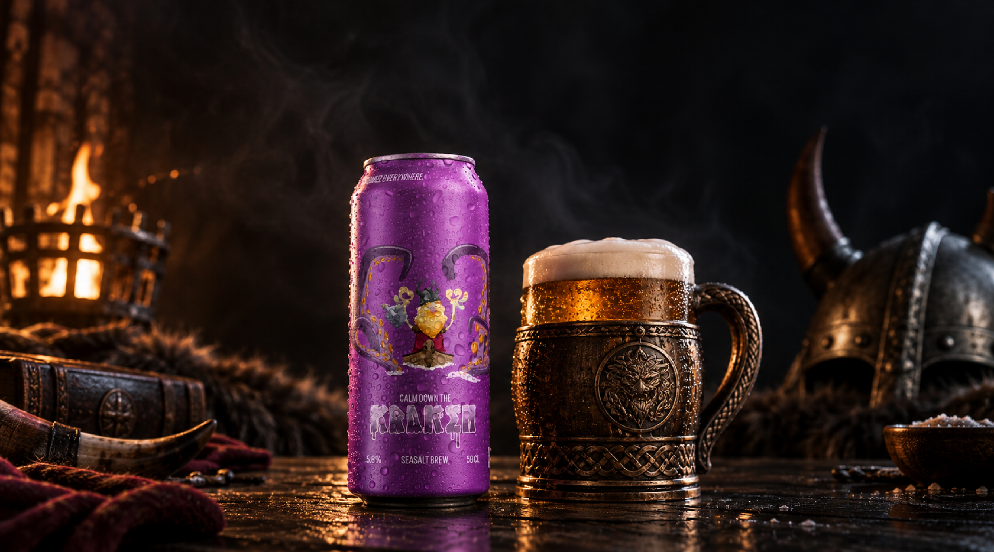 Purple Kvasir Kraken can beside a wooden tankard, Viking helmet and firelight