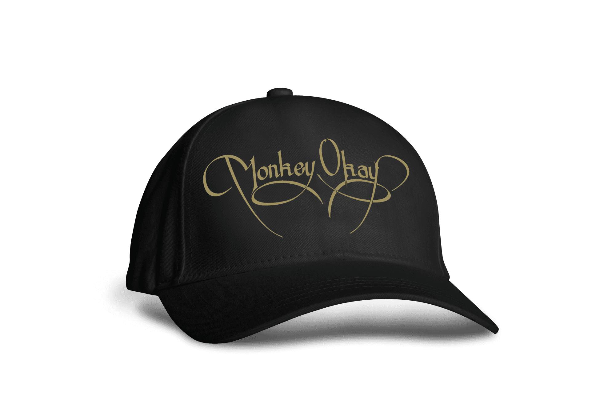 Black cap with gold Monkey Okay script