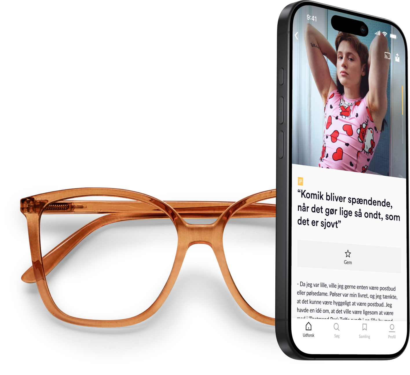 Phone showing an Ally article beside a pair of amber glasses