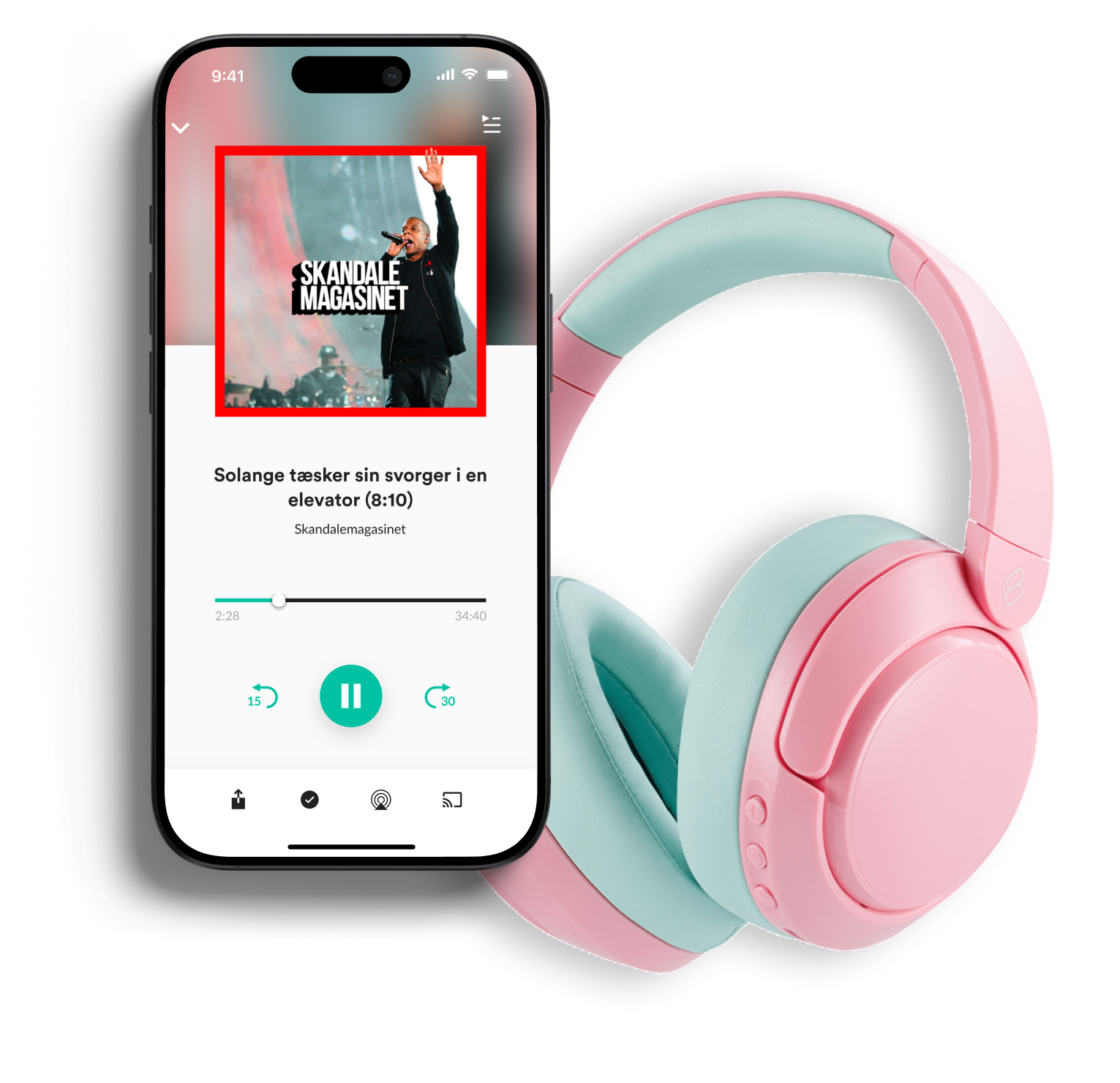 Phone showing an Ally podcast player beside pink and mint headphones